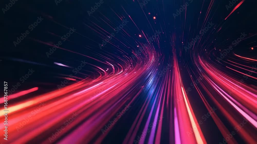 Poster light trails speeding through spacetime tunnel with glittering particles