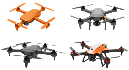 Four drones of varying colors and designs on a black background on transparent background