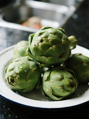 Obraz premium Freshly Harvested Artichokes Displayed on a Rustic Plate, Ready for Culinary Preparation