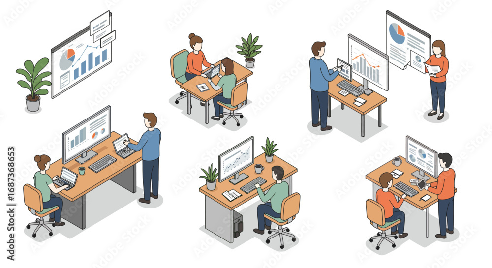 Poster isometric office scenes with teams collaborating on business analytics and presentations