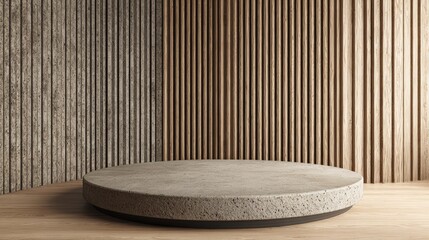 Empty round concrete platform with textured wooden background in minimalist modern interior design setting