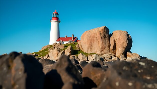 A coastal lighthouse with red roof on rocky island under a clear blue sky on a sunny day view