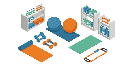 Obraz premium Isometric home gym set with equipment and supplements on shelves