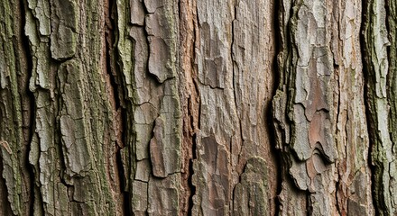 Obraz premium Close-up of detailed tree bark texture with natural cracks and patterns, rustic wooden surface background, photorealistic macro wallpaper perfect for nature, wood, and organic design concepts.