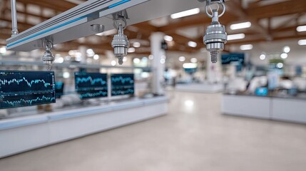 High-tech monitoring fixtures in a modern trading floor showcasing data analytics and financial activity during business hours