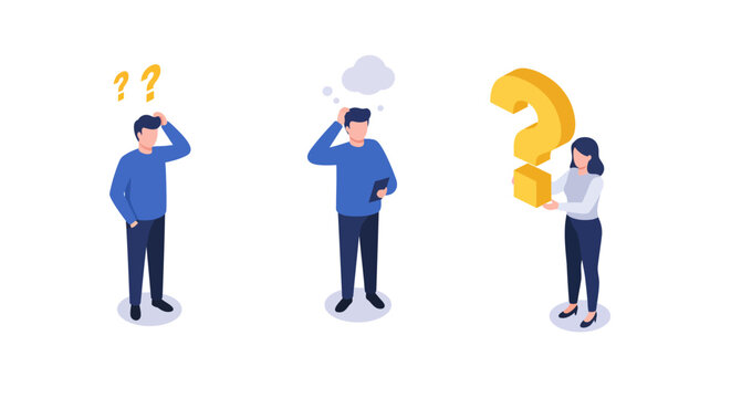 People with questions: isometric characters pondering ideas and solutions