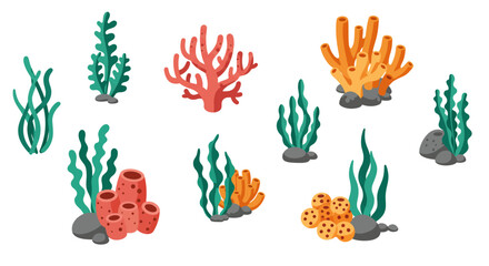 Fototapeta premium Colorful underwater plants and corals set in flat design