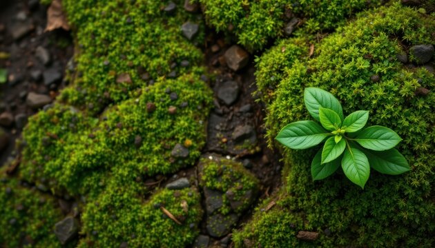 create a photo of a top down view of a green moss forest with nature texture background, position the subject, which is a close up of a leafy plant