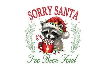Cute raccoon wearing santa hat holding hot chocolate and candy cane, isolated on transparent background © Digital