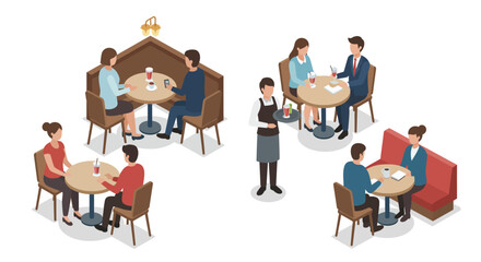 Isometric cafe scene with couples dining and waitress serving coffee