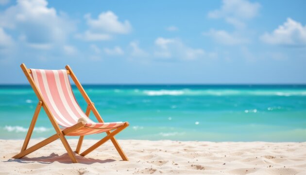 create a photo friendly image featuring a beach chair with a straw hat on top of it