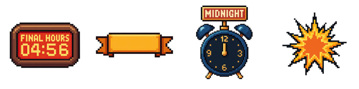 Black Friday pixel art symbols include countdown timer alarm clock and explosion in retro style perfect for game design and digital projects