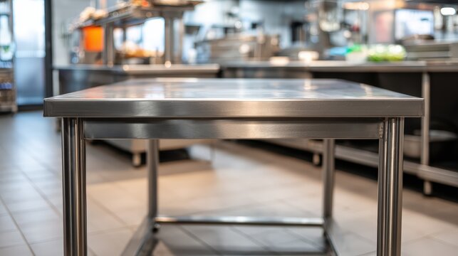 Stainless steel kitchen worktable in professional restaurant or commercial kitchen with clean and organized environment