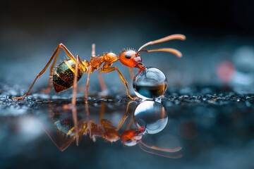 Fototapeta premium red ant drinks water droplet reflection