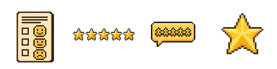 Fototapeta premium Black Friday pixel art symbols show rating stars and feedback icons in retro style for digital review and evaluation designs