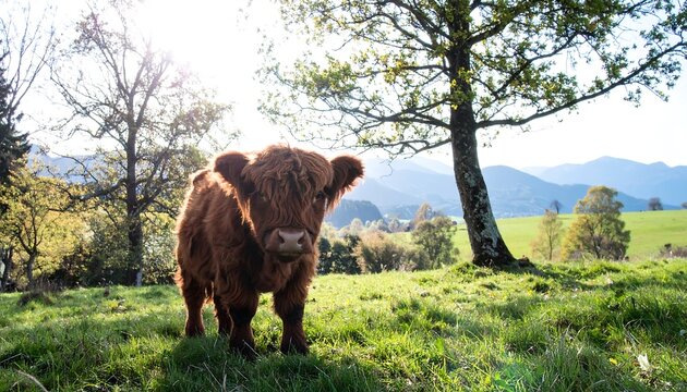 Highland calf in a grassy field