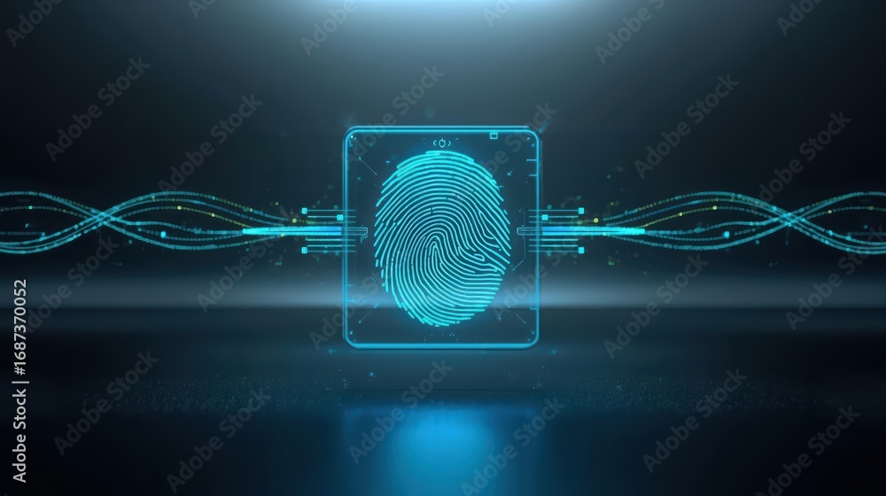 Aufkleber an illuminated digital fingerprint rests on a reflective surface, symbolizing biometric security wit