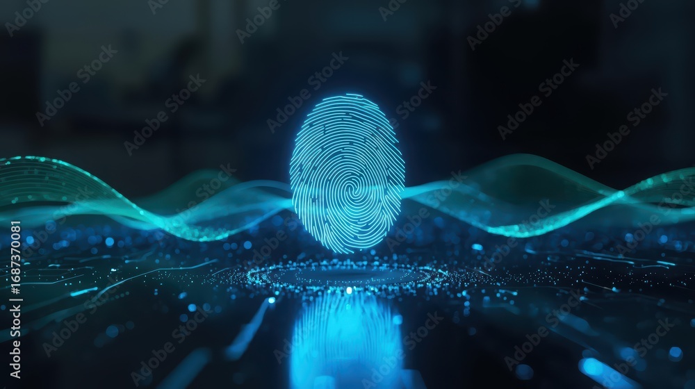 Aufkleber digital fingerprint identity glows above swirling blue lines in a tech landscape symbolizing secure 
