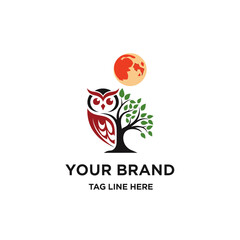 Cute Owl on Tree and moon Logo Design Illustration