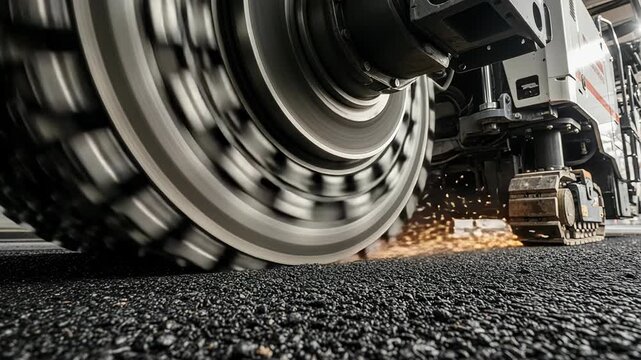 Massive asphalt milling machine grinds old pavement in dynamic low angle shot