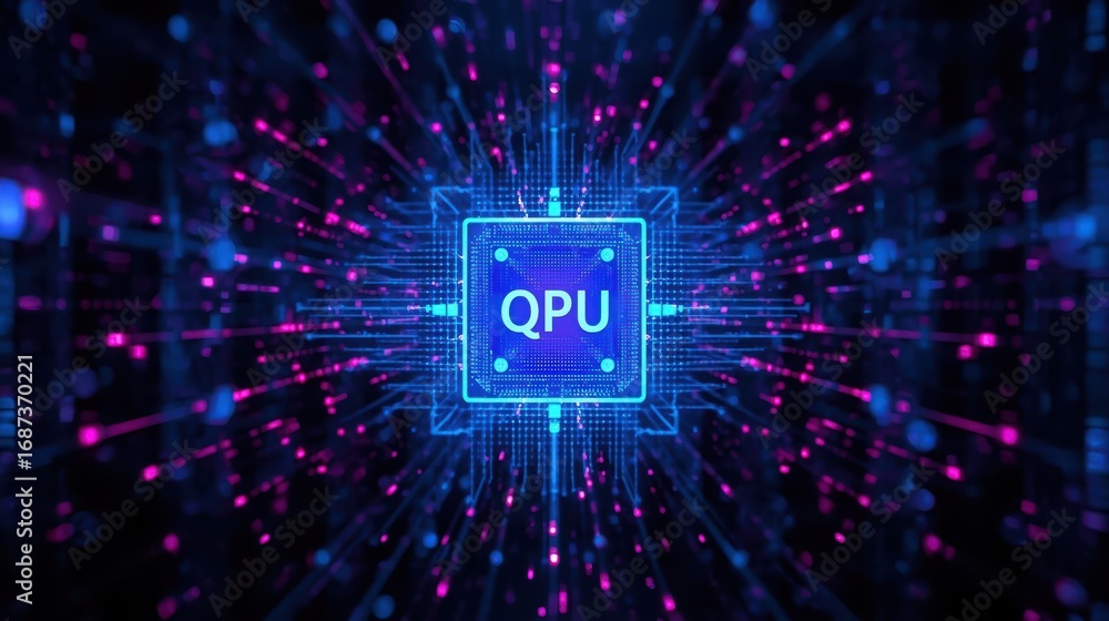 Aufkleber an intricate quantum processing unit chip glows with a mesmerizing array of blue and pink energy par