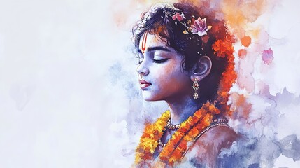 Watercolor painting of krishna with flowers and jewelry in a serene pose with closed eyes