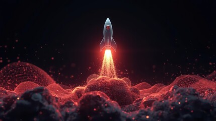 A sleek, stylized rocket ship launches powerfully into the dark sky, emitting fiery exhaust and scatte embers, symbolizing ambition and innovative growth.