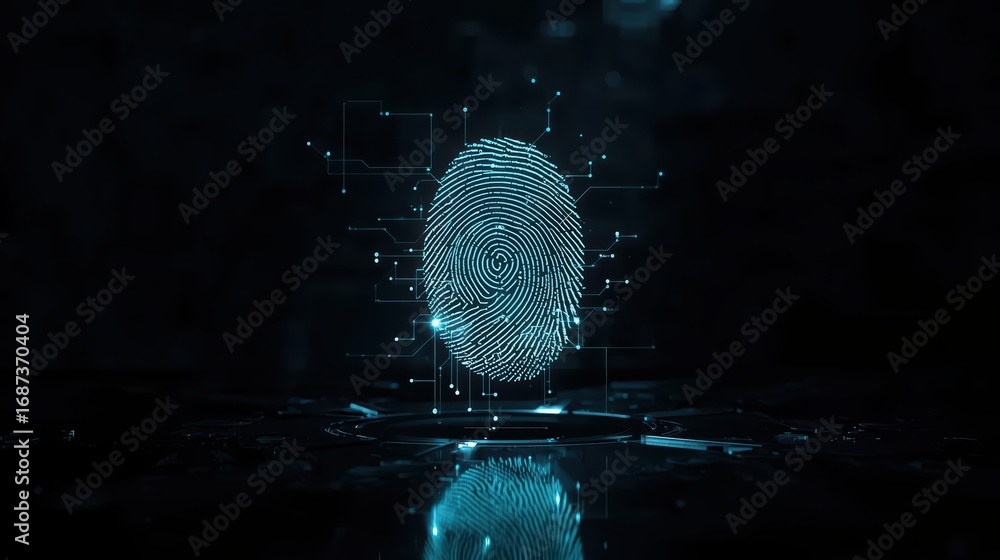 Poster a glowing digital fingerprint hovers above a reflective surface, surrounded by intricate circuit pat