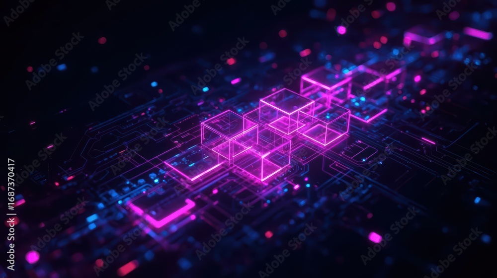 Aufkleber glowing cubes interconnected by circuits create a vibrant futuristic network for data transfer, disp