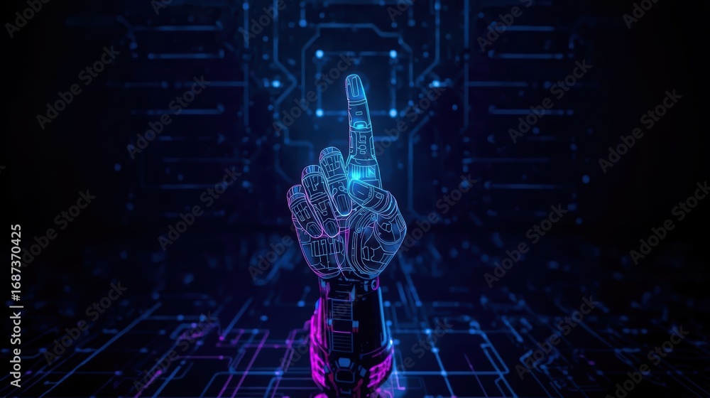 Poster a robotic hand with glowing blue lines reaches upward against a dark circuit board background, repre