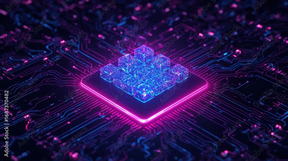 Poster a vibrant blue and purple computer chip with a pyramid of cubes glows on a complex circuit board, re