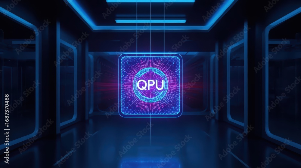 Aufkleber an illuminated qpu quantum processing unit glows intensely in a futuristic chamber with neon blue li