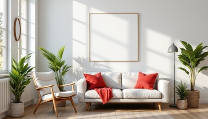 scandinavian inspired mockup with white wall, sofa chair, and plants, duplicate space with subject on right and copy space on left, optimized for photo use, avoiding trademarks
