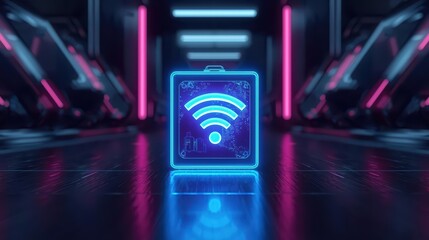 A glowing blue wifi icon pulsates in a futuristic corridor with neon accents, symbolizing connectivity and advanced technology in a sleek, modern environment.