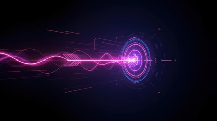 A vibrant pink wave streaks across a dark background, converging upon a glowing, futuristic, circular with intricate digital interface elements around it.