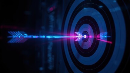 A luminous arrow pierces the bullseye on a dark , symbolizing success and achievement in a futuristic and technologically advanced environment design.