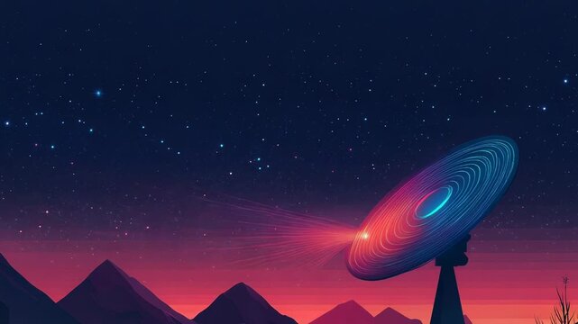 Radio telescope receiving signals from space at sunset