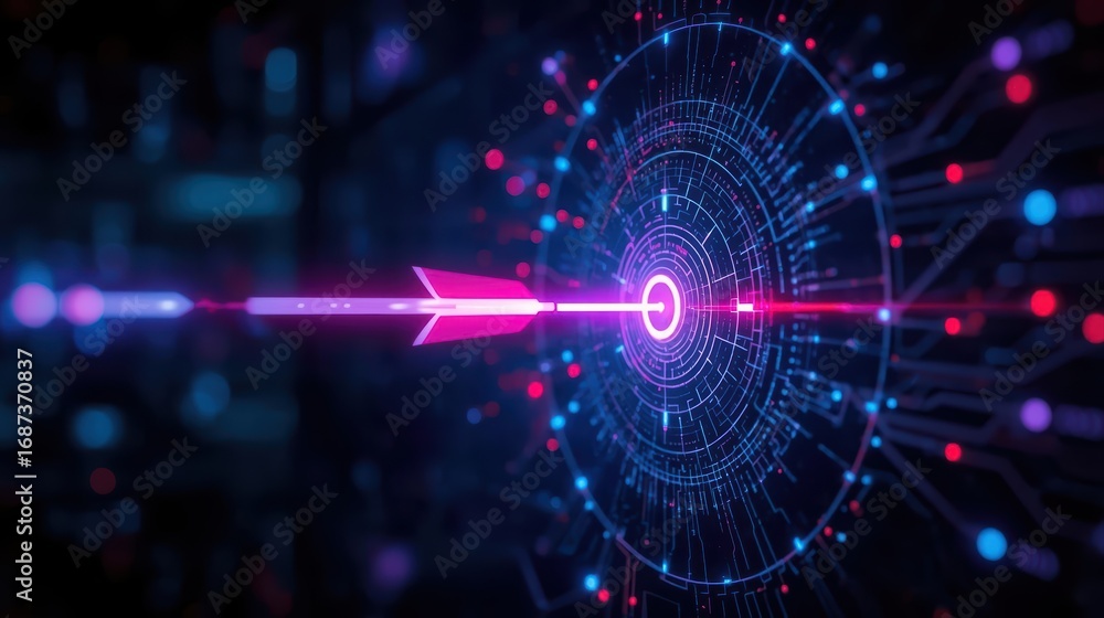 Poster a vibrant digital arrow pierces a technological , surrounded by glowing particles and intricate circ
