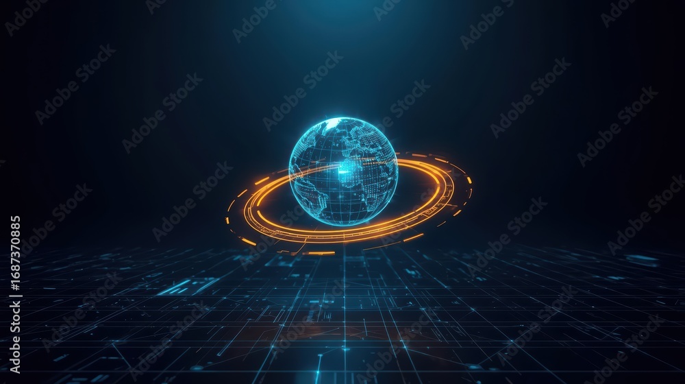 Aufkleber a futuristic digital globe with a glowing orbits above a grid-like surface, symbolizing global techn