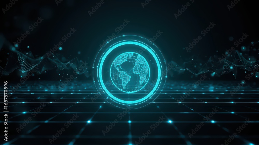 Poster an ethereal digital earth is encircled by glowing s atop a network grid surrounded by shimme particl