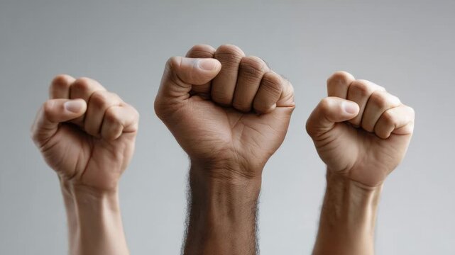 Powerful multicultural raised fists representing solidarity, collective strength, and peaceful resistance against social injustice, symbolizing unity and resilience on stark white background