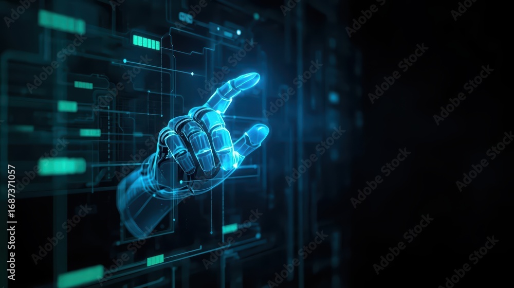 Aufkleber a glowing blue robotic hand interacts with a complex digital interface displaying abstract data and 