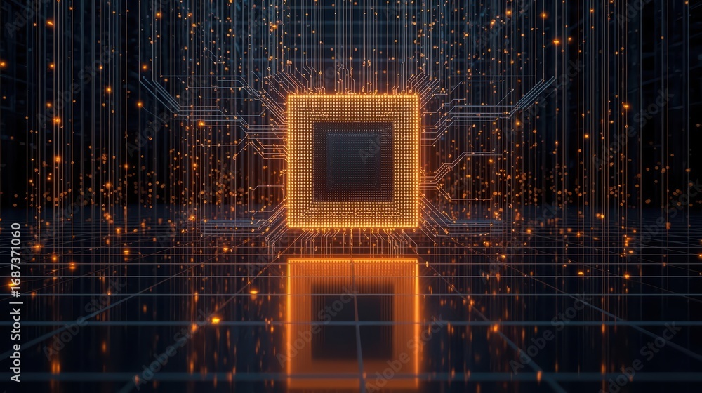 Aufkleber glowing futuristic central processing unit with circuit board connections and abstract particle effe
