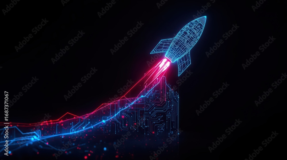 Aufkleber an abstract blue wireframe rocket ship launches upwards on a rising graph with circuit board detaili