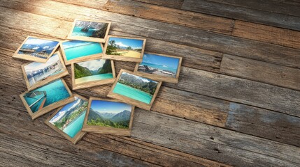 Collection of vintage landscape photographs showcasing mountains lakes and forests spread across rustic wooden table for travel memories