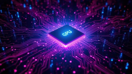 A glowing GPU chip sits at the center of a complex circuit board with neon purple and blue lights, representing advanced technology and innovation today.