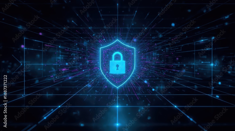 Aufkleber futuristic glowing shield with a padlock in a digital network represents cyber security and data pro