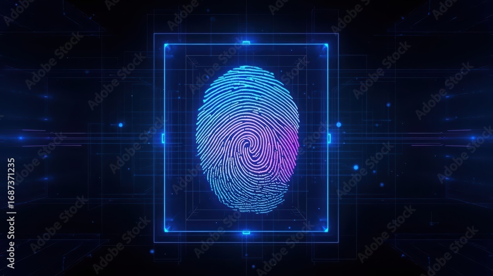 Aufkleber glowing digital fingerprint shines on a dark futuristic background surrounded by a geometric square 