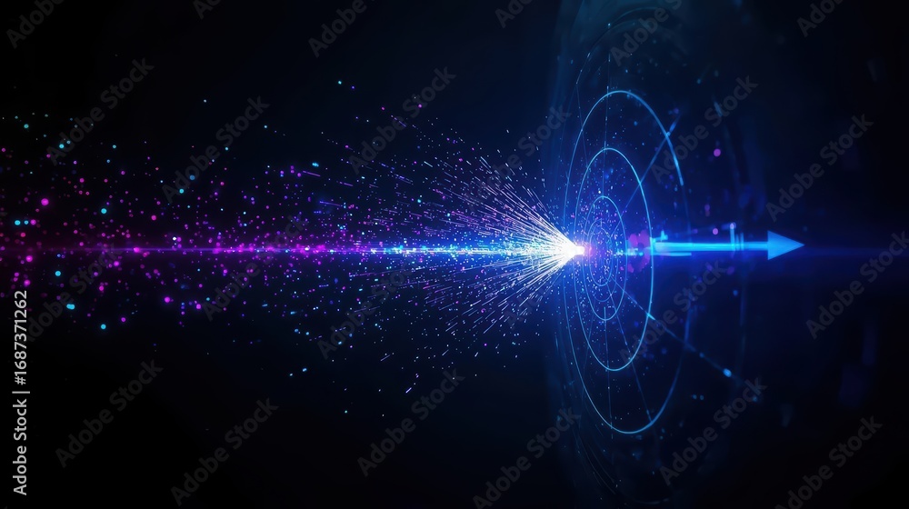 Poster an ethereal arrow of blue light pierces a circular amidst a burst of colorful digital particles in a