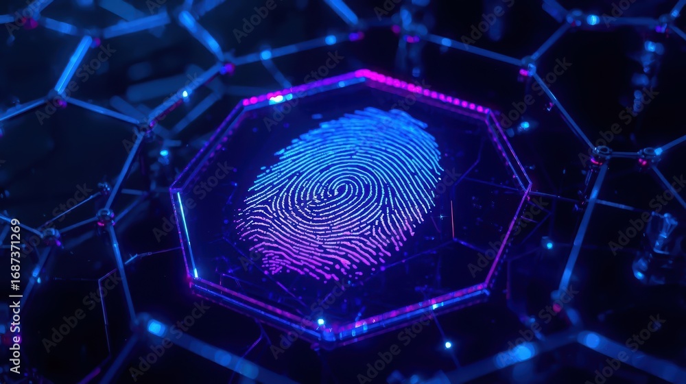 Aufkleber a vibrant neon fingerprint glows within a futuristic hexagonal frame, connecting to a network of nod